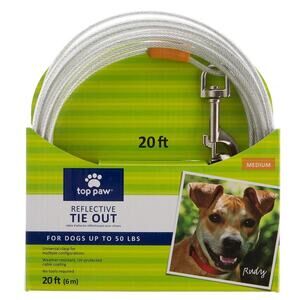 Top Paw 20' Reflective Dog Tie Out Silver Medium‎ Adjustable 50 lbs Outdoor NWT